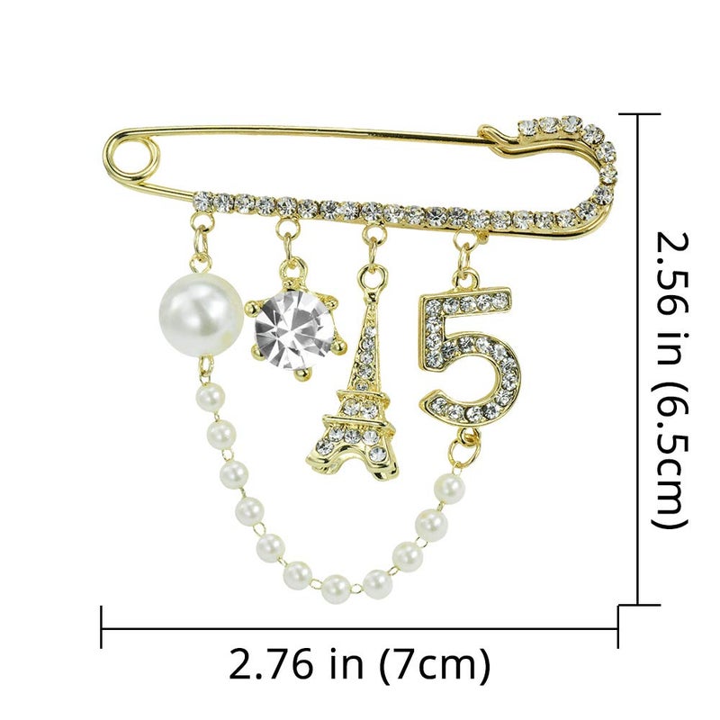 Mamfous Vintage Crown Number 5 Lapel Pins and Brooches for Women Rhinestone Jewelry with Simulated Pearl - Image 2